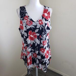 Espresso Floral Mesh Layered Sleeveless Tank Top Blue, Red & Grey Size Large